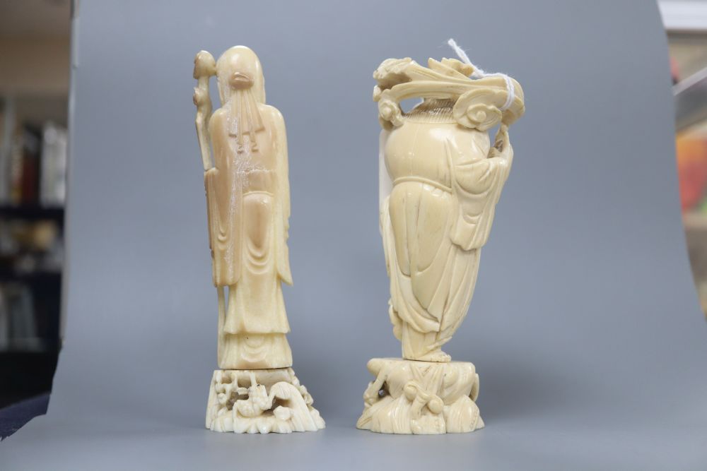 Two early 20th century Chinese ivory figures of Liu Hai and Shou Lao, tallest 14.5cm